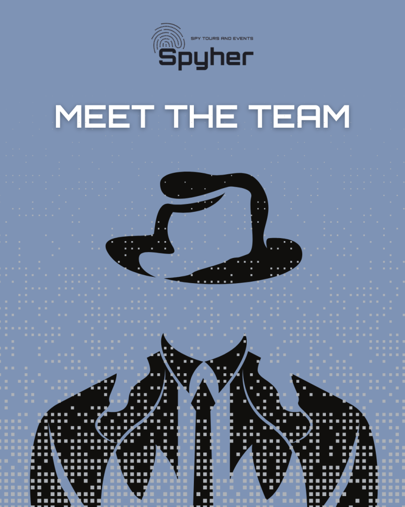Portada de Conozca al Equipo - Spyher Título «Conozca al Equipo» con el logotipo de Spyher arriba, sobre un fondo de puntos azules y una silueta punteada estilizada de una persona con traje.
